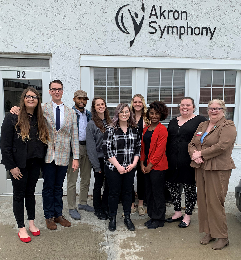 YSU student participating in the consulting project with the Akron Symphony Orchestra are, from the left, Brooke Lissy, Jack Sebest, Cliff Hill, Shannon Arnim, Chayla Regano, Jenna Roesch, Jasmine Smyles, Amanda Paynter and Lois Martin-Uscianowski.