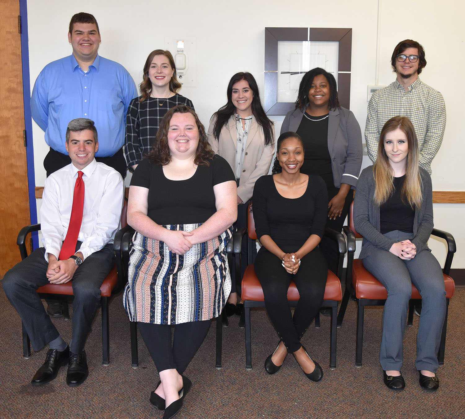 YSU students participating in the 2019 Nonprofit Leadership Summer Honors Internship Program are, from the left, front row, Jason McQuown, Amanda Paynter, Jasmine Bailey, and Laura Drake; second row, Jacob Guy, Katherine Landry, Christiana Savo, Shakeila Allen and Isaac Carrino. Missing from photo is Albert Chizmar.