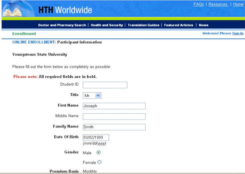 particiapnt infomation title, first and family name, date of birth, and premium basis rrequired