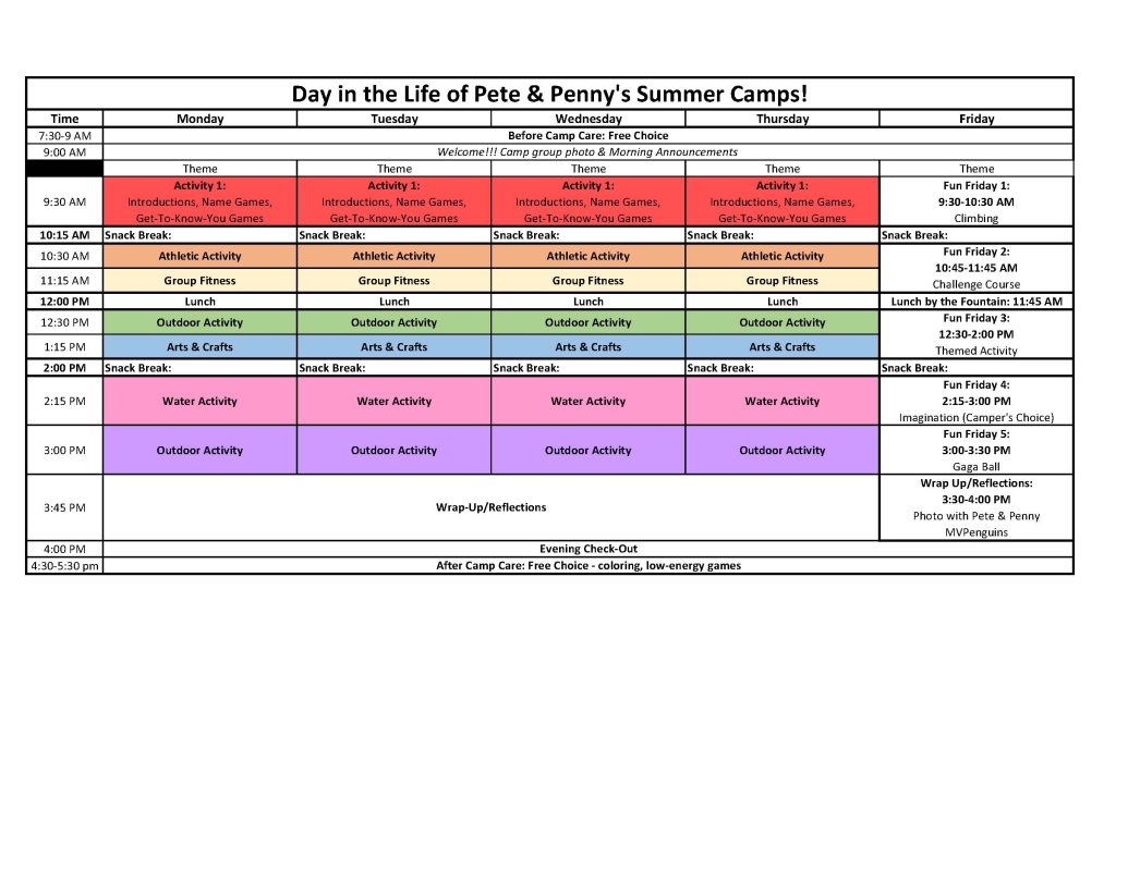 2022 Summer Camp Schedule
