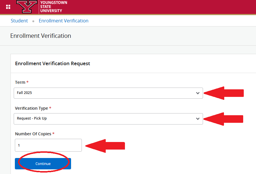 Enrollment Verification Request - term selection, verification type, and number of copies