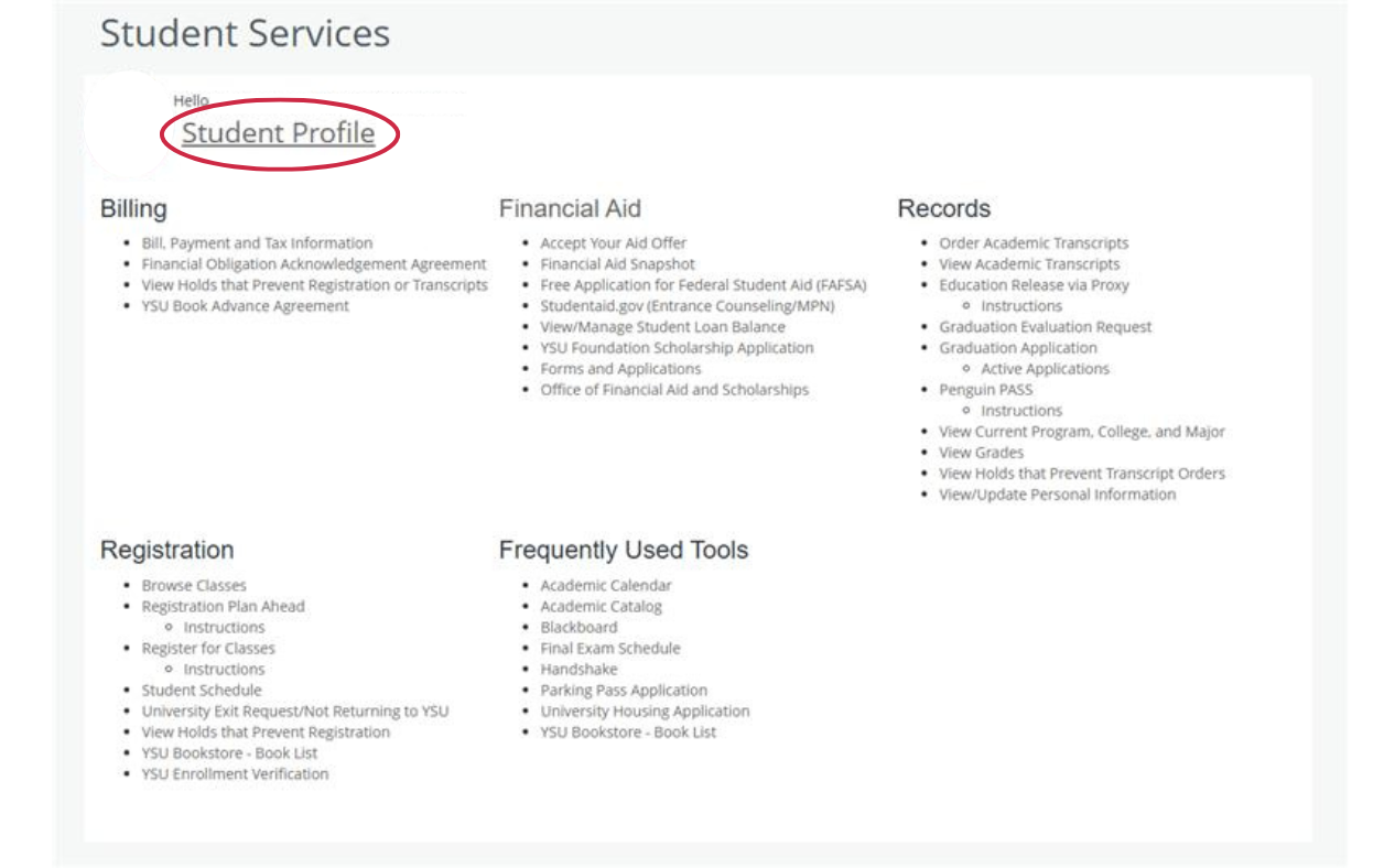 Student dashboard options with student profile circled