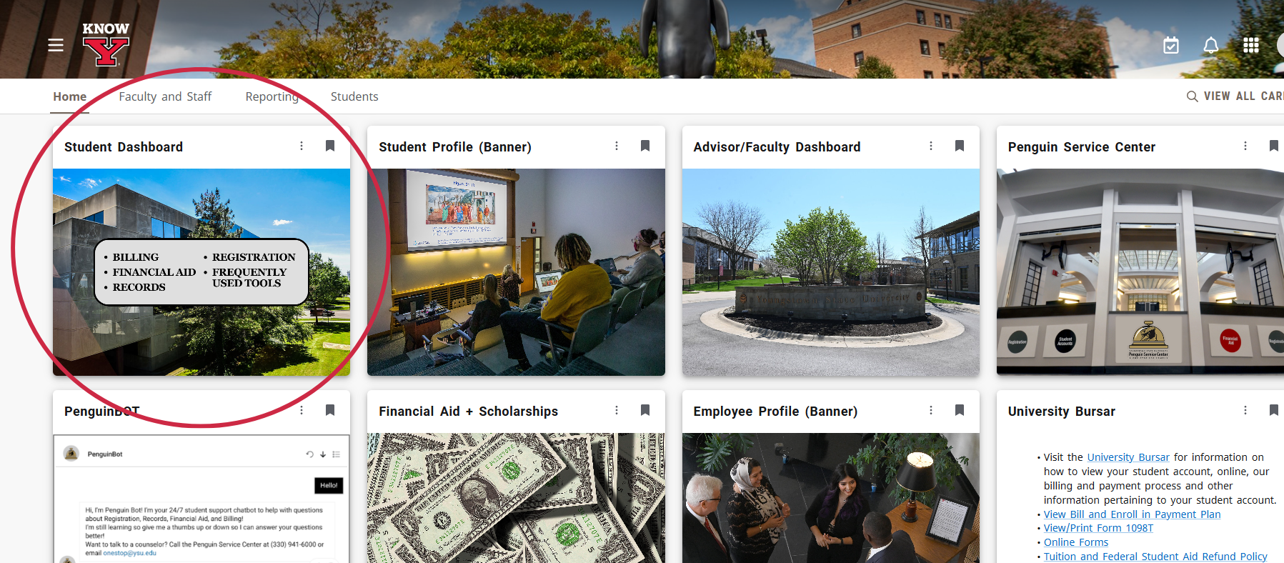 Penguin Portal homepage with Student Dashboard card circled