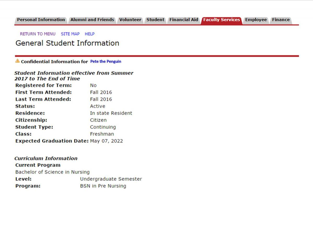General student information, insert student’s name after confidential information for warning.