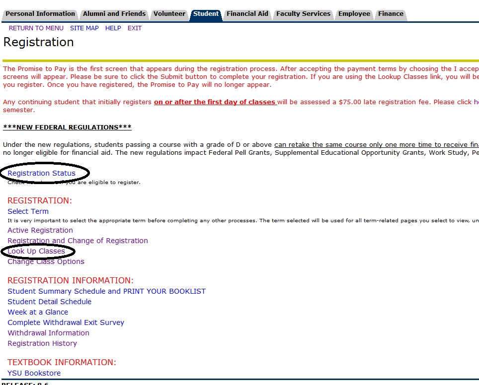 Review the registration menu and make a selection.