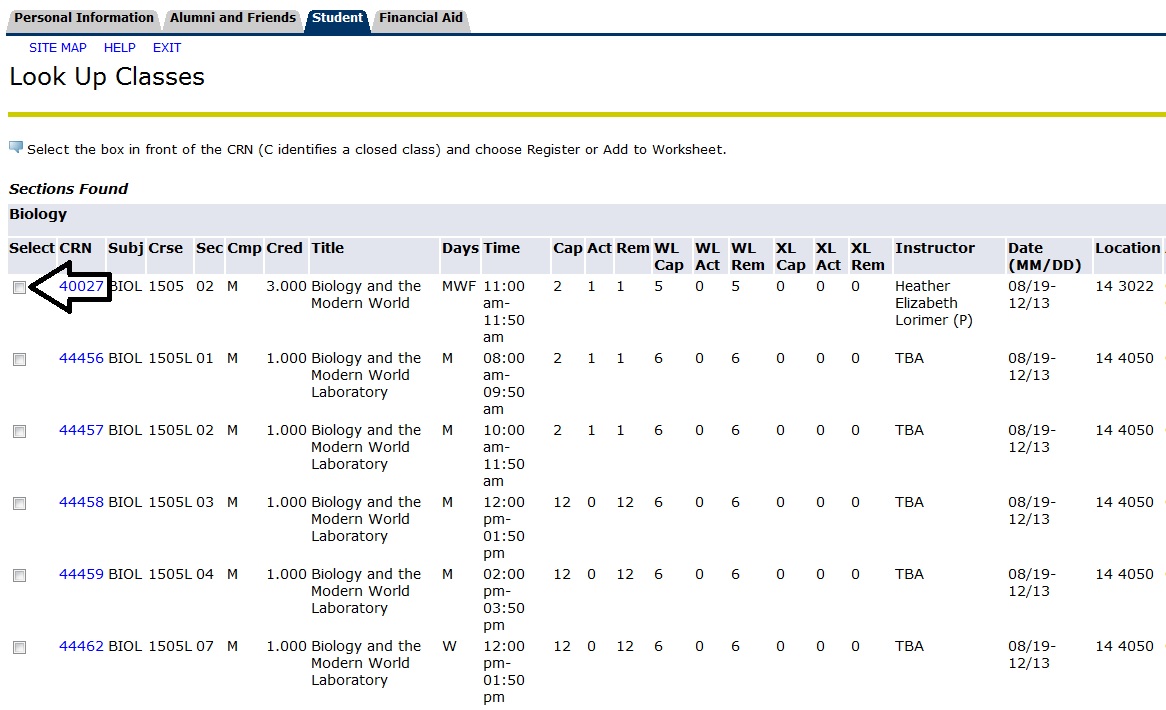 Use the checkbox to select the class.