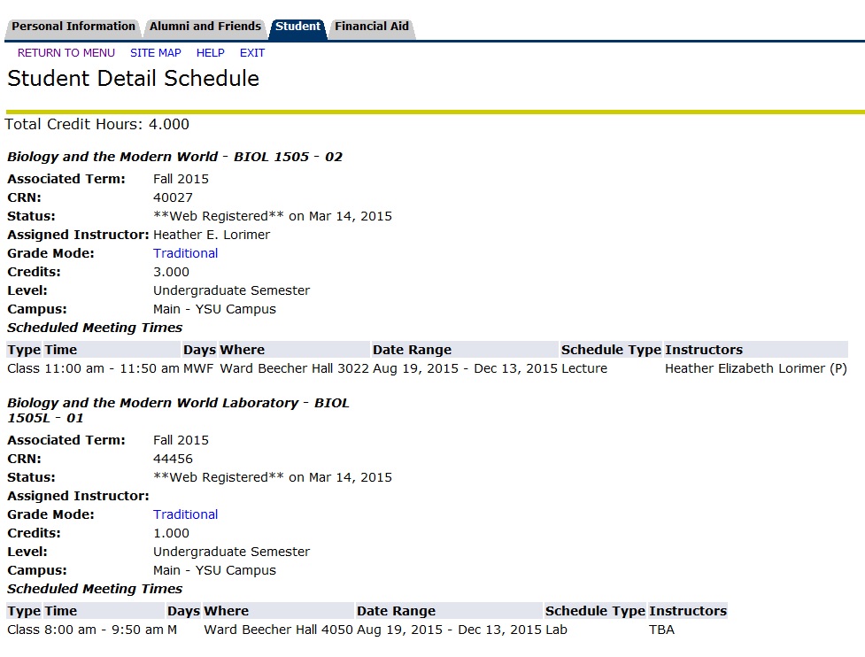 Under Registration Information view your detail or summary schedule or week at a glance.