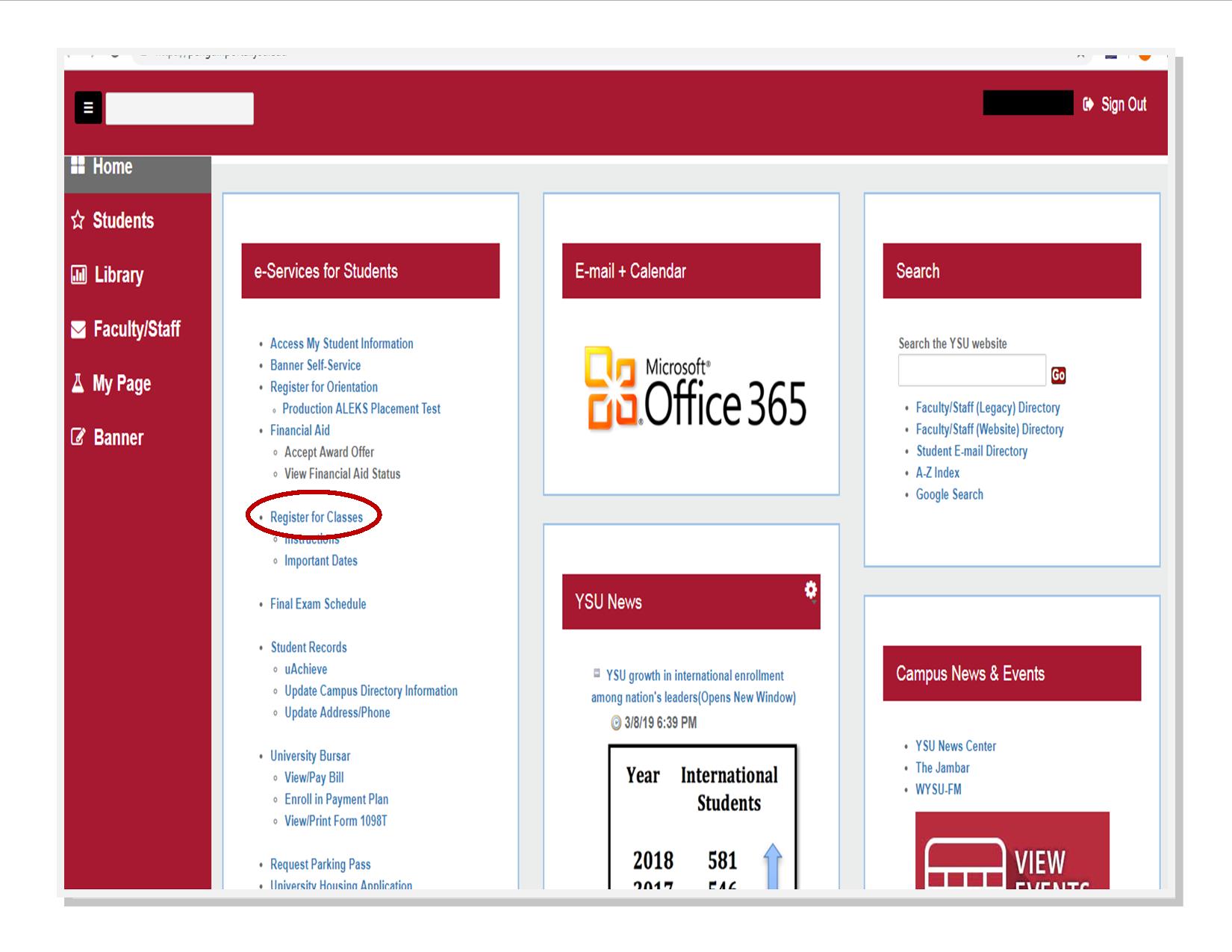 Under e-Services for Students in Penguin Portal, select "Register for Classes".