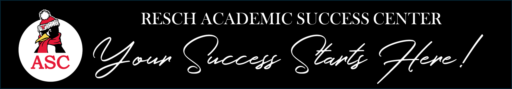 pete the penguin asc logo on black background, white text that reads resch academic success center - your success starts here!