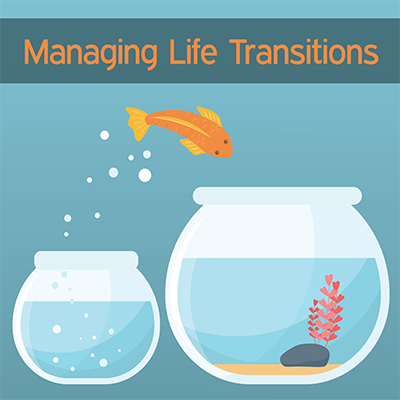 Managing Life Transitions. Fish jumping from one bowl to a larger one