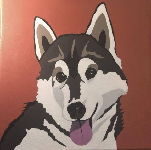 A painting of a husky dog with his tongue out