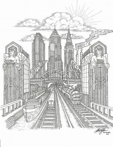 A black and white drawing of a city with a train and boat and two Egyptian sculptures on the sides of two buildings