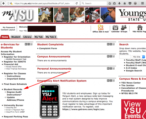 MY YSU page with an arrow pointing to student records