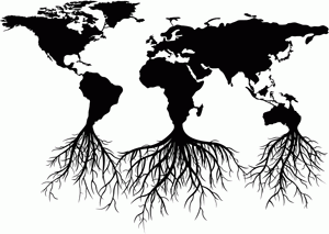 world map with roots at the bottom