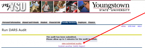 The Run DARS Audit page with an arrow pointing to the view submitted audits link