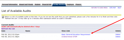 The List of Available Audits page with an arrow pointing to the link under View Link