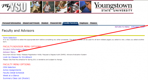 The Faculty and Advisors page with an arrow pointing to the Advisors Menu link