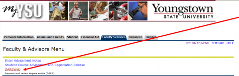The Faculty and Advisors Menu page with an arrow pointing to the DARSWeb link