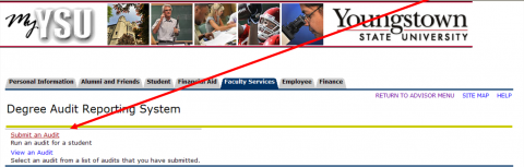 The DARS page with an arrow pointing to the Submit an Audit link