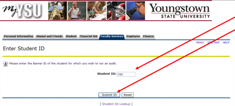 The Enter Student ID page with arrows pointing to the Student ID textfield and the Submit ID button