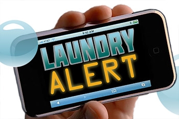 Cell phone in hand with Laundry Alert log on screen