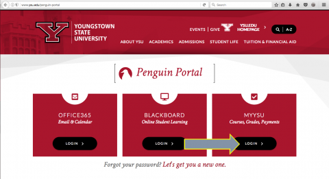 The Penguin Portal Page with an arrow pointing to MY YSU log in button