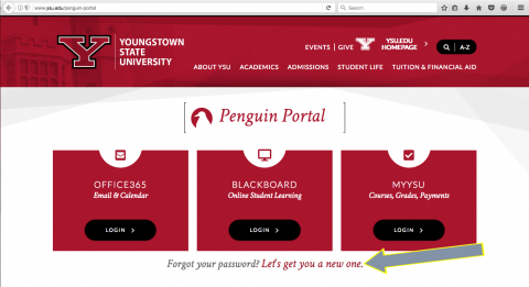 The Penguin Portal Page with an arrow pointing to 'Forgot password? let's get a new one.'