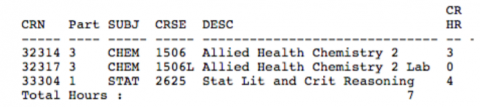 Student schedule showing CRN, part, subject, course, description, and credit hours