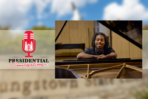 Presidential Conversations logo with Darrius Simmons sitting in front of a piano