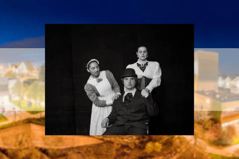Black and white publicity photo of cast members in costume
