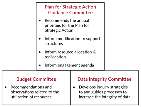 A sample illustration of how implementing the Plan for Strategic Action to TAKE CHARGE OF OUR FUTURE might be functionally achieved with three committees. A Plan for Strategic Action Guidance Committee that Recommends the annual priorities for the Plan for Strategic Action, Informs modification to support structures, Informs resource allocation & reallocation, and Informs engagement agenda; a Budget Committee that recommends and makes observations related to the utilization of resources; and a Data Integrity Committee that develops inquiry strategies to and guides processes to increase the integrity of data 