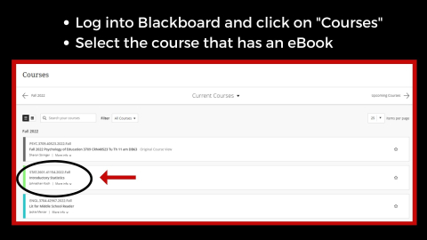 Blackboard course list showing the course selected to opt out of digial materials