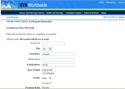 particiapnt infomation title, first and family name, date of birth, and premium basis rrequired