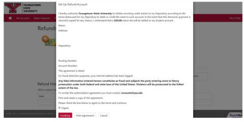 Information confirmation screen showing agreement checkbox plus continue button.