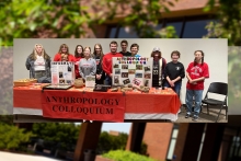 Delani Berkson, Abigal Faix, Chris Cremers, Emily McNett, Vanessa Welker, Curtis Nelson, Mitch McTigue, Michael Vinkler, Kelly Baer, Chase Pastor, Darcy McTigue, and Jessica Carano pose with their display at West Virginia's Archaeology Day