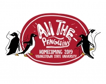 Homecoming logo incorporating animated penguins with text that says "All the Penguins Youngstown State Homecoming 2019"