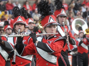 The YSU Marching Band Flute section marching 