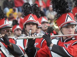 YSU Marching Pride marching and playing.