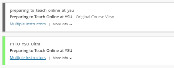 Two blackboard courses listed on the course page, one showing the "original course view" label