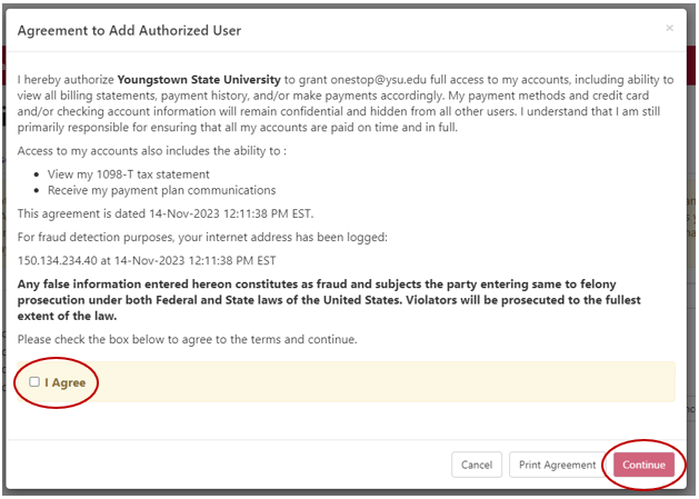 Read the agreement to add an authorized user